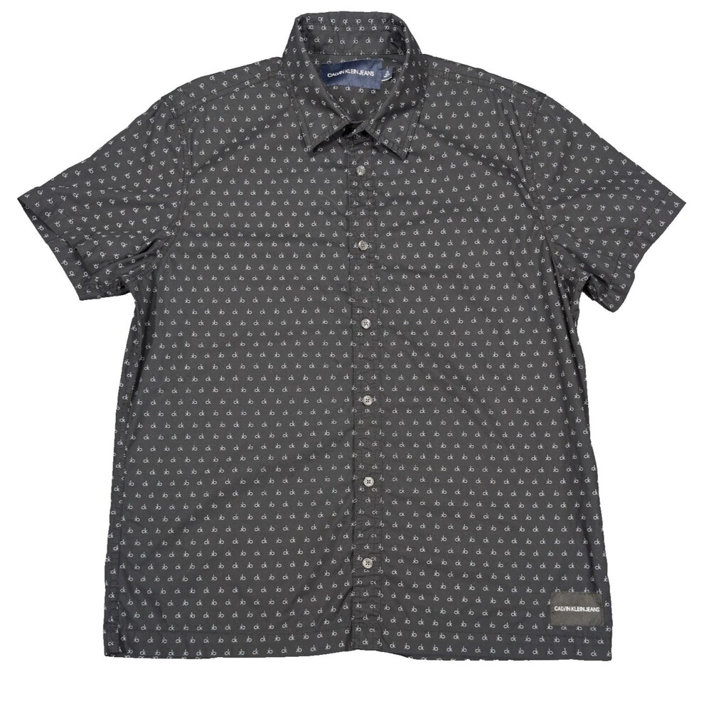 Calvin Klein Jeans Men's L Relaxed Fit Monogram Logo Dobby Shirt Black Cotton